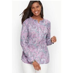 TALBOTS XS P Purple Ruffle Trim Paisley Long Sleeve Popover Blouse